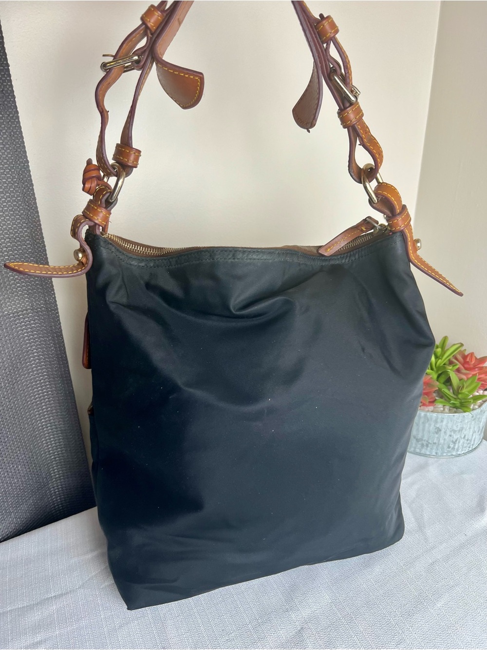 Dooney & Bourke Black Nylon Shoulder Bag with Brown Leather Trim - Picture 2 of 9